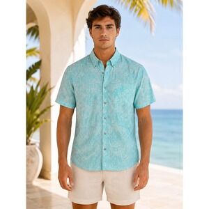 Coast Social Mens Small Aqua‎ Blue Flamingo Palm Print Short Sleeve Button Down